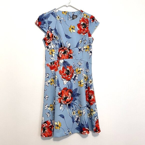 VINCE CAMUTO Floral Fit and Flare Cap Sleeve Dress Blue Red Mini Party Wedding 4 - Picture 2 of 16